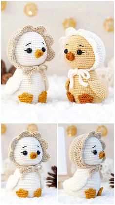 crocheted stuffed animals are shown in three different pictures, one is white and the other is brown