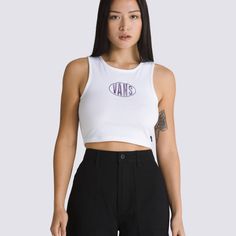 Short in length but not in style, the Name Drop Fitted Crop Tank is a fitted sleeveless crop made from heavyweight cotton jersey, featuring a bold embroidered Vans® logo front and center. 100% Cotton fabric Fitted crop tank Embroidered logo on the front | Vans Name Drop Fitted Crop Tank Top Womens XL Sporty Cotton Tops By Vans, Embroidered Vans, Vans Logo, Crop Tank Top, Cropped Tank Top, Crop Tank, Tank Tops Women, Shirts Tops, Womens Shirts