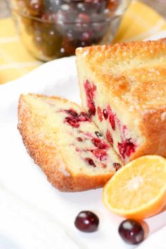 cranberry orange pound cake on a white plate