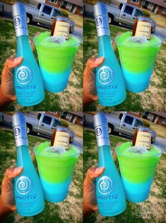 multiple shots of someone holding a blue and green drink