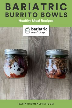 two jars filled with food sitting on top of a wooden table