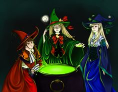 three witches standing around a caulder with green liquid in it and one witch holding her hand out