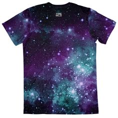 a t - shirt with purple and green galaxy print on the front, featuring stars