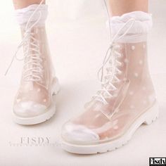 Fisdy - Sophisticated Rain Booties with Transparent Black Sole Transparent Heels, Rough Heels, Black Rain Boots, Black Socks, Waterproof Shoes, Thick Heel, Clear Heels, Long Boots, Thick Heels