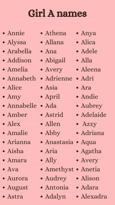 a pink poster with the names of girls names