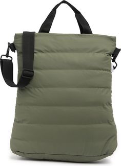 an olive green bag with black straps