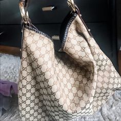 Huge Bag With Lots Of Room. Excellent Condition. Kept In Dust Bag And Very Gently Used. No Noticeable Marks. Fabric Itself Is Clean. Leather Also In Good Shape. It’s Got A “Croc” Style To The Leather. Very Small Wear On Bottom Corners But Nothing Major At All. I Included A Photo Of The Corner With The Most Wear. Others Are Good.. Great Bag But Now That I Have Kids I Never Use It. Gucci Hobo Bag, Croc Style, Bag With Tassel, Gucci Horsebit, Bag Fabric, Bag Silver, Gucci Shoulder Bag, Dress Makeup, Handbag Shoes