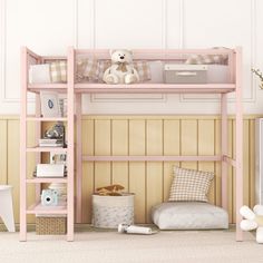 a child's bedroom with a pink bunk bed and teddy bear on the floor