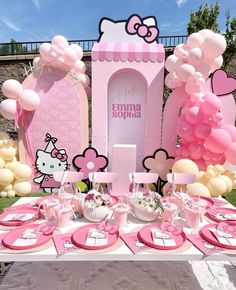 a hello kitty birthday party with balloons and decorations