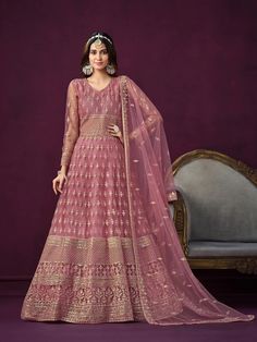 Buy Inddus Shop Outstanding Pink Net Partywear Anarkali-Suit Online ��– Inddus.com Net Anarkali Dresses, Long Anarkali Gown, Net Gowns, Party Wear Gowns, Long Anarkali, Gown With Dupatta, Anarkali Salwar, Gown Suit, Party Wear Gown