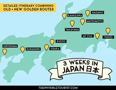 the 3 weeks in japan tour map with three different locations and their names on it