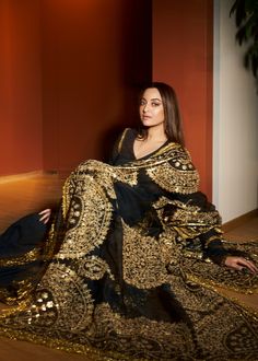 Black angrakha, gota patti dupatta with black churidaar. Rekha Actress Style, Black Angrakha, Rekha Actress, Deepika Padukone Style, Nyc Studio, Traditional Indian Outfits, Sonakshi Sinha, Nehru Jackets, Western Wedding