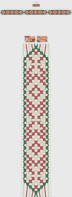 a cross stitch pattern with red, green and white designs on the bottom half of it