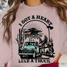 Lasaky - Vintage Long Sleeve Crew Neck Sweatshirt with Car & Western Boy Print - Stylish Womens Clothing Western Boy, Vintage Long Sleeve, Stylish Clothes For Women, Plus Size Womens Clothing, Print Sweatshirt, Western Style, Styl Vintage, Pink Print, Printed Sweatshirts