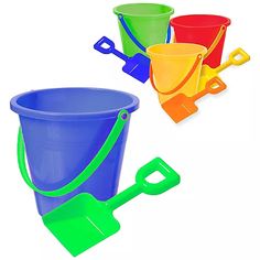 three buckets and shovels are shown in different colors