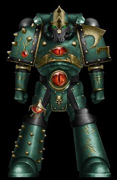 a green and gold painted warhammer with red eyes