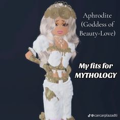 an image of a woman in white and gold outfit with words above her that say, my fits for mythology