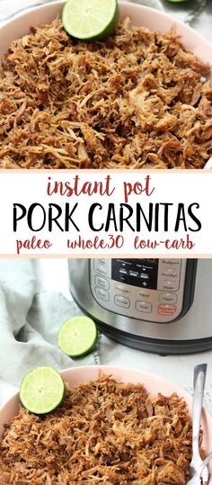 instant pot pork carnitas in front of an instant pot with lime slices on the side