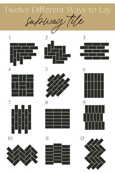 different ways to lay subway tiles in the shape of squares and rectangles, with text