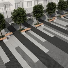 an artist's rendering of a city street with trees and benches in the middle