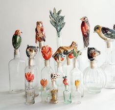 there are many glass bottles with birds in them