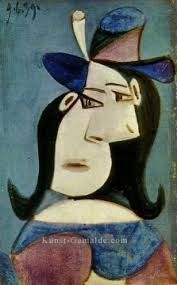 a painting of a woman wearing a blue hat