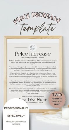 the price increase poster is displayed next to a sign that reads, price increase template