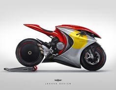 the motorcycle is designed to look like it has been painted red, yellow and silver