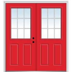 a red double door with two sidelights and glass panels on the top, in front of