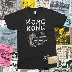 The Hong Kong Café was a Los Angeles restaurant and music venue that was a part of the Los Angeles punk rock scene during the late 1970s and early 1980s followed by a resurgence from 1992 to 1995. Located at 425 Gin Ling Way in the Chinatown district of Downtown Los Angeles,  and across the way from sometimes rival Esther Wong's Madame Wong′s, the former Chinese restaurant was open to audiences of all ages. The Plugz and UXA played at the club's opening night on June 7, 1979, and numerous bands, Urban Style Concert T-shirt With Screen Print, Pre-shrunk Punk T-shirt For Music Festivals, Vintage Text Print T-shirt For Music Festivals, Vintage Graphic T-shirt For Concerts, Vintage Graphic Design T-shirt For Concert, Vintage Concert T-shirt With Graphic Design, Vintage Graphic Design T-shirt For Music Festivals, Punk Festival Graphic Print T-shirt, Punk Style Graphic Print Festival T-shirt