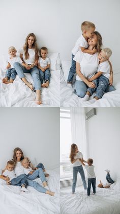 a woman sitting on top of a bed next to two children and an adult holding a baby