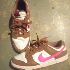 Very Cute And Is A Size 10 Used But Brand New Nike Dunks Shoes, Nike Shoes Pink, Dunks Shoes, Pink Nike Shoes, Pink Hair Dye, Pink And Brown, Shoes Pink, Brown Sneakers, Nike Pink