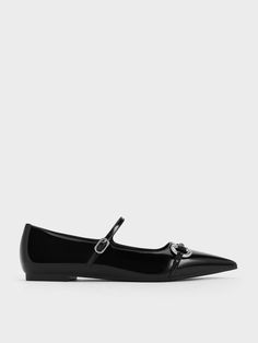 An edgier take on classic Mary Janes, this pair is undeniably sophisticated. Sleek pointed toes are topped with horsebit-style metallic accents to create a clean silhouette that will elongate the frame. Dainty buckled straps provide a secure fit while balancing out the edgy aesthetic of the shoes. For maximum style impact, match these with an all-black ensemble to create an alluring, city-chic look. Edgy Aesthetic, Brand Collaboration, Faux Leather Heels, Size Chart For Kids, Charles Keith, Black Box, City Chic, Metallic Accents, Belt Size