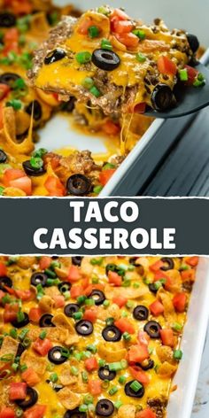 taco casserole with cheese, black olives and tomatoes