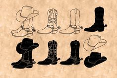 six cowboy boots and hats are shown in black on an old paper background with the words,