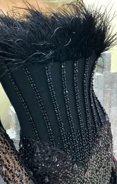 Glamorous Black Sequin Dress For Costume Party, Fitted Black Sequin Dress For Costume Party, Black Fitted Sequin Dress For Costume Party, Embellished Black Sequin Dress For Costume Party, Fitted Sequin Feather Dress For Evening, Black Contrast Sequin Dress For Costume Party, Feather Dress Couture, Feather Corset, Sequin Corset