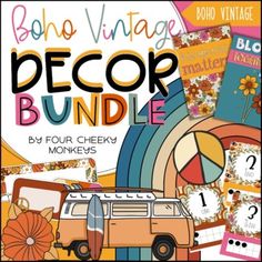 the boho vintage decor bundle includes an old van, sunflowers and other items