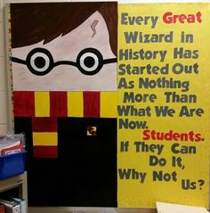 a bulletin board with harry potter on it and other writing in the back ground,