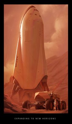 an artist's rendering of a space shuttle in the desert with two men standing next to it