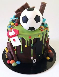 a soccer themed birthday cake with chocolate icing and sprinkles on top