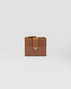 Cognac Small Leather Wallet | PRADA Modern Cognac Wallets With Card Slots, Elegant Brown Card Holder With Coin Pocket, Elegant Brown Card Holder For Formal Occasions, Elegant Brown Formal Card Holder, Leather Wallet With Gold-tone Logo Plaque, Formal Leather Wallet With Gold-tone Logo, Luxury Brown Wallet With Logo Plaque, Elegant Cognac Wallet With Card Slots, Elegant Cognac Wallets With Card Slots