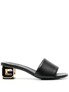 black calf leather gold-tone hardware signature 4G motif open toe branded leather insole 55mm sculpted heel leather outsole slip-on style Givenchy Sandals, Shoes Collection, Leather Mules, Mules Shoes, Luxury Boutique, Luxury Shoes, Black Sandals, Shoe Collection, Calf Leather