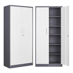 two white cupboards with open doors on each side and one closed in the middle