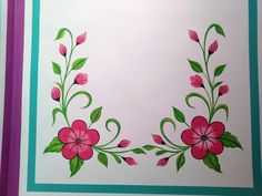 a painting of pink flowers and green leaves on a white background with purple border around the edges