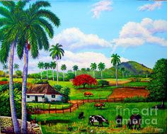 a painting of cows grazing in a tropical field with palm trees and a house on the other side