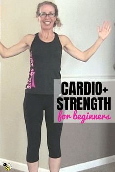 a woman standing in front of a wall with her arms out and the words cardio - strength for beginners