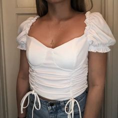 Shein White Milkmaid Top Size Small But Best Fits Someone With A Bigger Bust (I’m A 34a And It’s Too Big On My Bust) Never Worn I Just Tried It On $15 + Shipping Dm To Purchase Or Any Questions! #Whitecroptop #Shein #Milkmaid White Fitted Cute Crop Top, Cute Fitted White Crop Top, Cute White Fitted Crop Top, Fitted White Crop Top With Puff Sleeves, White Ruched Fitted Crop Top, Cute Fitted Crop Top For Day Out, Cute Fitted Puff Sleeve Tops, White Milkmaid Top, Milkmaid Top