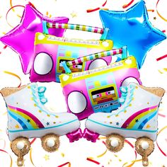 PRICES MAY VARY. Rich combination: you will get 2 pieces of 22 x 20 inch roller skate balloon, 2 pieces of 23 x 22 inch radio boombox balloon, 2 pieces of 18 x 18 inch star foil balloons, 6 pieces in total, which is a nice decoration for themed parties in the 80s and 90s 80S and 90s theme party decoration: this retro roller skating balloon is the decoration of 80s and 90s theme parties, 80s theme parties, 90s theme parties, karaoke parties, rock parties, disco parties, hip-hop rapper parties, th Roller Skate Balloon, 90s Theme Party Decorations, Retro Theme Party, Disco Roller Skating, Ice Skating Party, 90s Theme Party, Rainbow Retro, 80s Theme Party