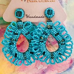 Upgrade Your Wardrobe With These Gorgeous Shimmery Turquoise Chandeliers With Romantic Beaded Ruffles, By Jewelry Designer Deepa Gurnani Whose Work Is Often Featured By Anthropologie. Incredibly Flattering & Beautiful On, Lightweight & Guaranteed To Bring Raves. Designed By Deepa & Handmade According To Her Specifications By Jewelry Artisans In India, Hand-Embroidered With Glass Seed Beads & Crystals, Vegan Leather Backing & Post Backs. Approx. 3” Long, 2” Wide. Nwt Elegant Blue Beaded Fringe Earrings, Bohemian Embellished Beaded Earrings, Bohemian Embellished Beaded Earrings For Party, Turquoise Chandelier, Extra Long Earrings, Deepa Gurnani, Dior Earrings, Bamboo Earrings, Boho Fashion Bohemian