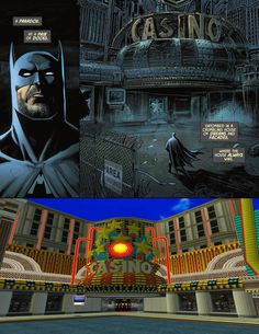 the inside and outside of batman's casino at night, with an image of his face